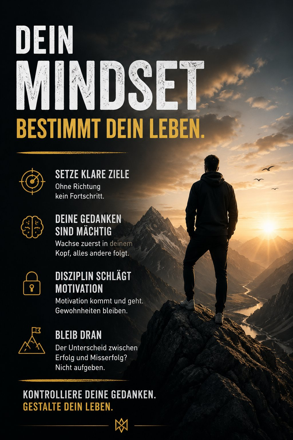 FEELGOOD Mindset Sujet – Mann auf einem Gipfel bei Sonnenaufgang